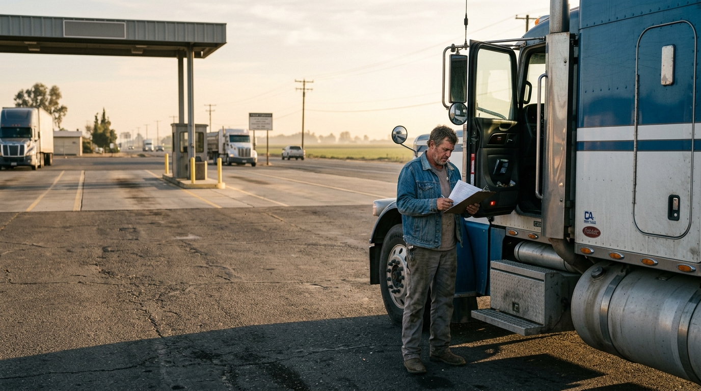 Semi-truck driving on a highway through California's Central Valley farmland under a clear blue sky