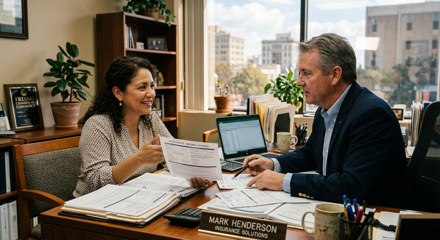 Small business owner reviewing insurance documents at a desk in a California office with city skyline visible through window