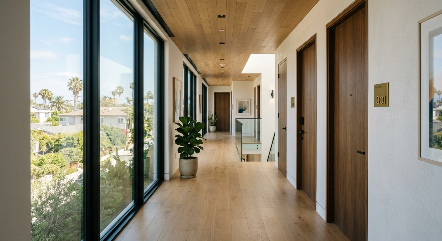 Sunlit California condo building exterior with balconies and palm trees near a Central Valley neighborhood