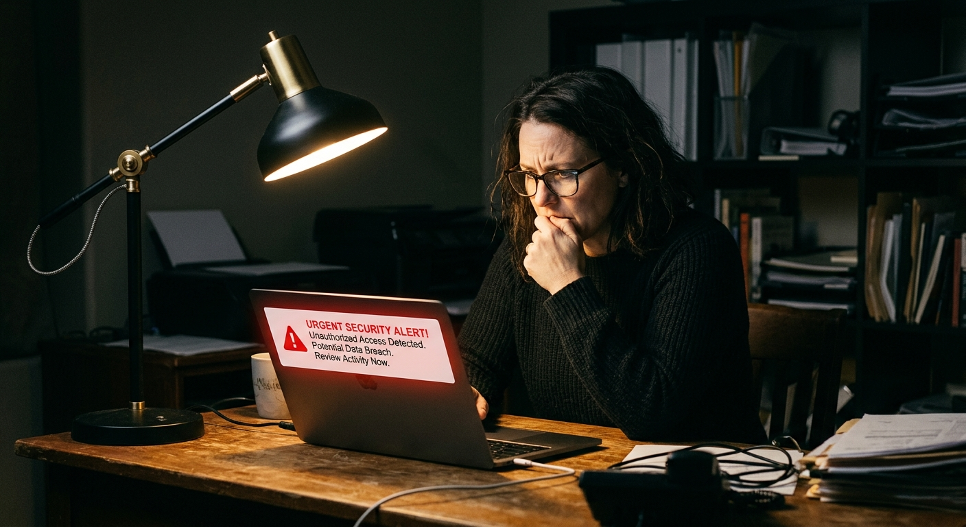 Small business owner reviewing a laptop screen showing a data security alert in a Fresno office setting