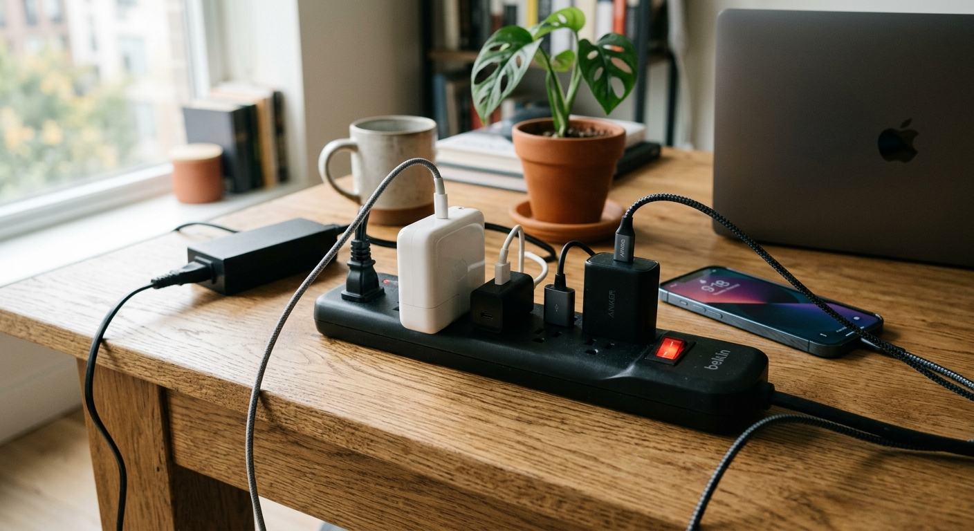 Damaged power strip with scorched outlets on a wooden desk next to a dark laptop screen in an apartment