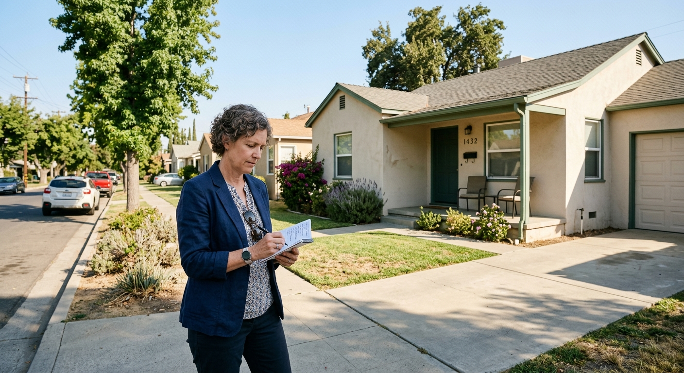 Exterior view of a single-family rental home in a California neighborhood on a sunny afternoon