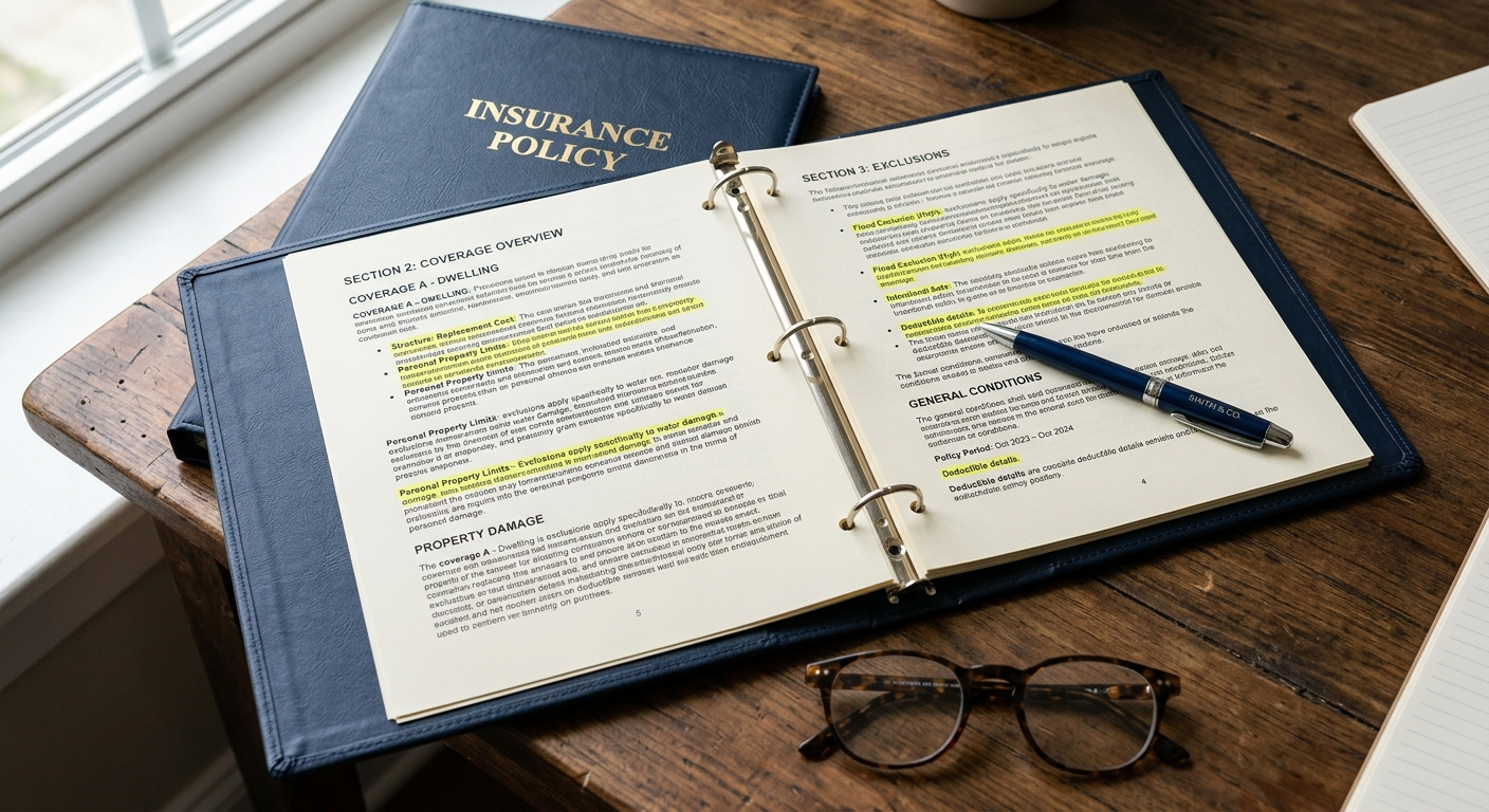 Business owner reviewing insurance policy documents at a desk in a Central Valley office
