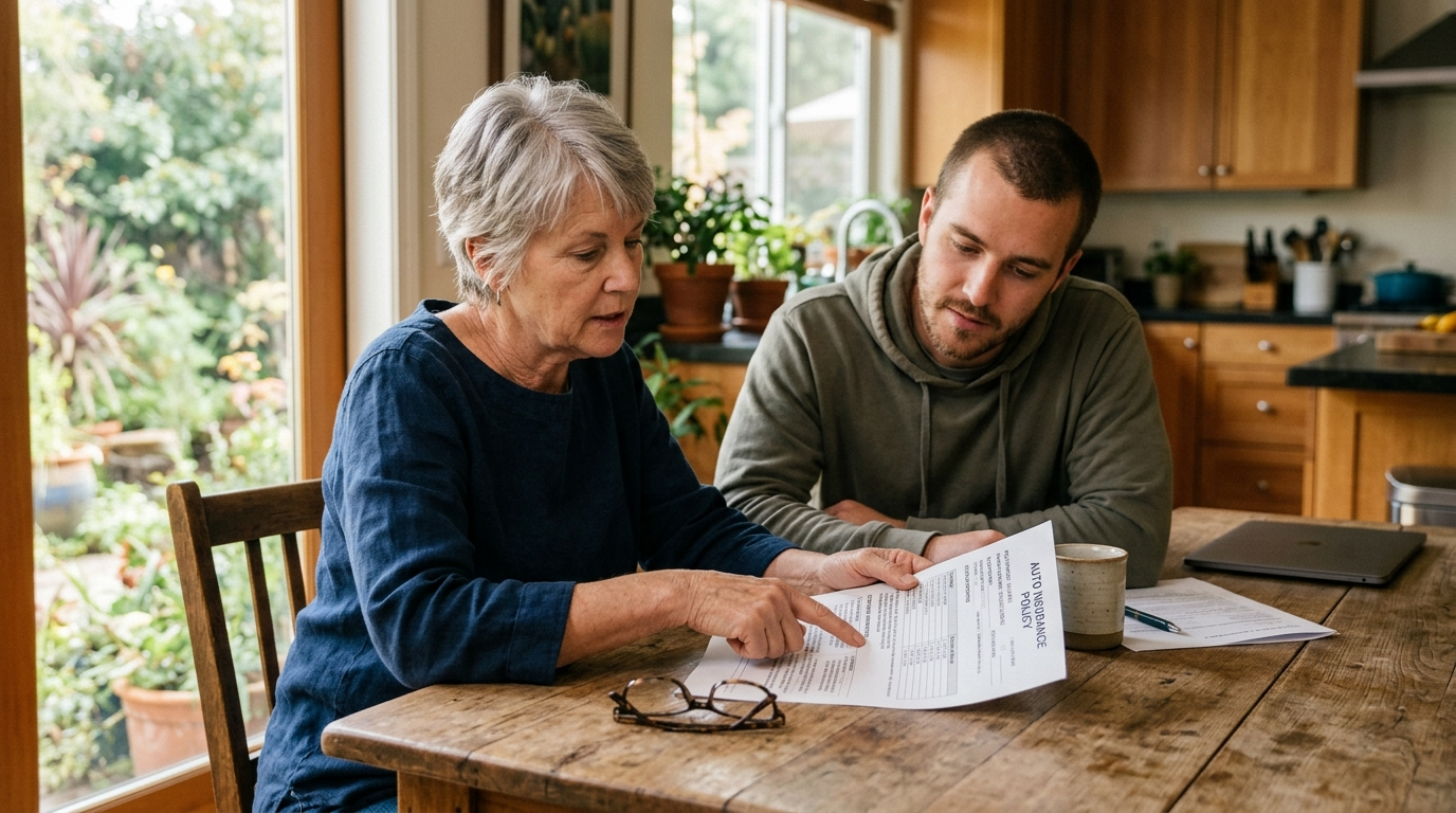 Agent reviewing a signed driver exclusion endorsement form at a desk in a California insurance office