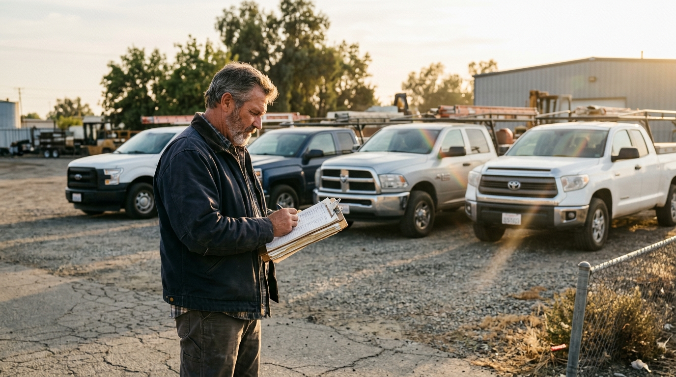 Row of white work vans parked outside a small business warehouse in California's Central Valley on a clear day