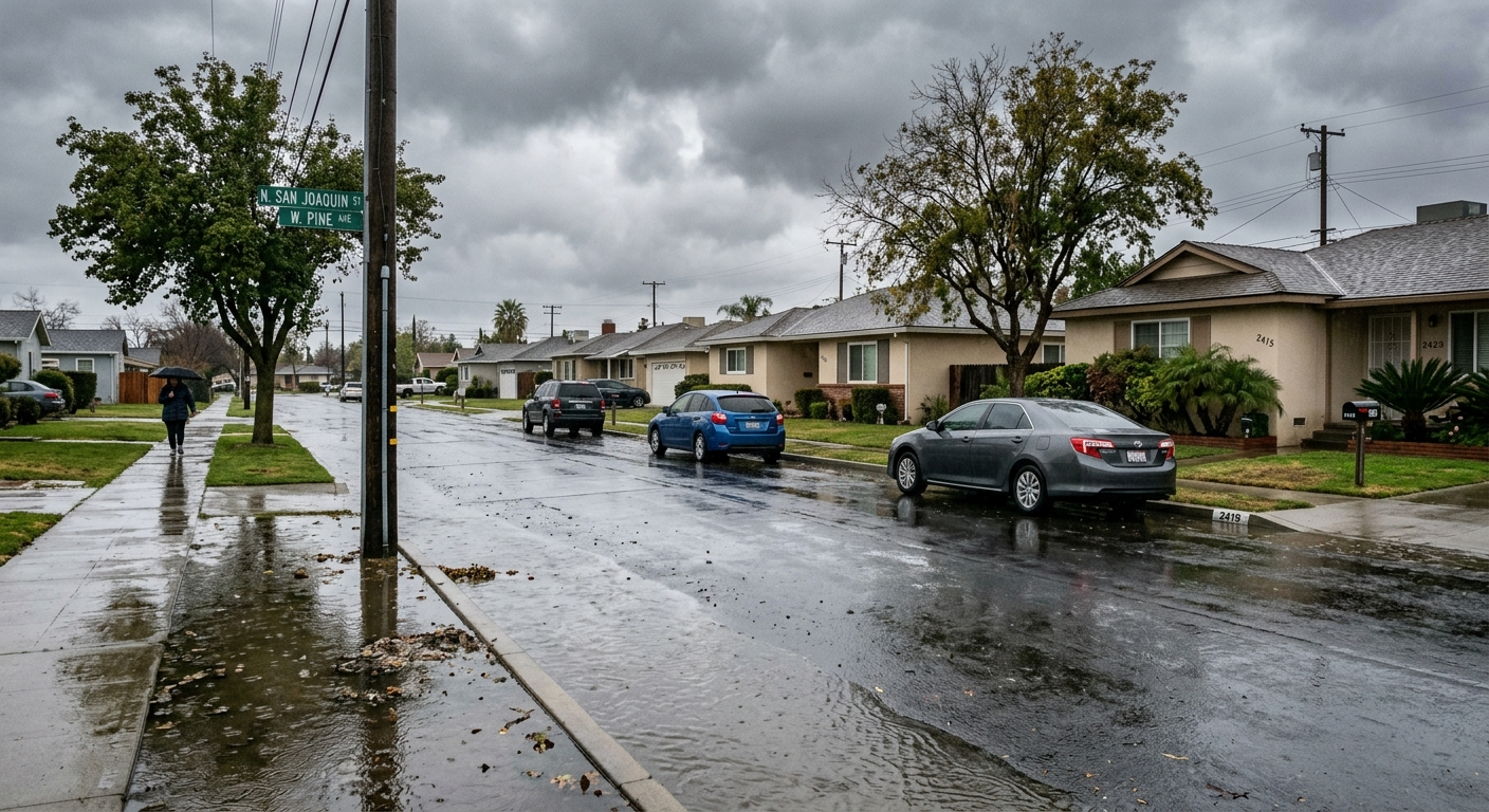Flooded residential street in the Central Valley with standing water reaching a home's front steps on a cloudy day