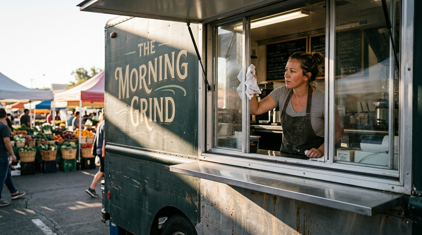Colorful food truck parked at an outdoor market on a sunny California afternoon with customers at the service window
