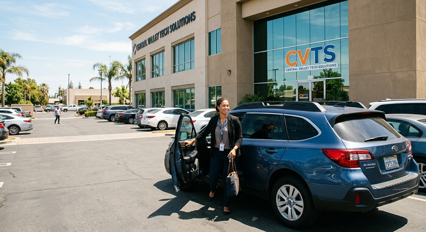 Employee handing car keys to a manager outside a small business office in Fresno California on a sunny afternoon