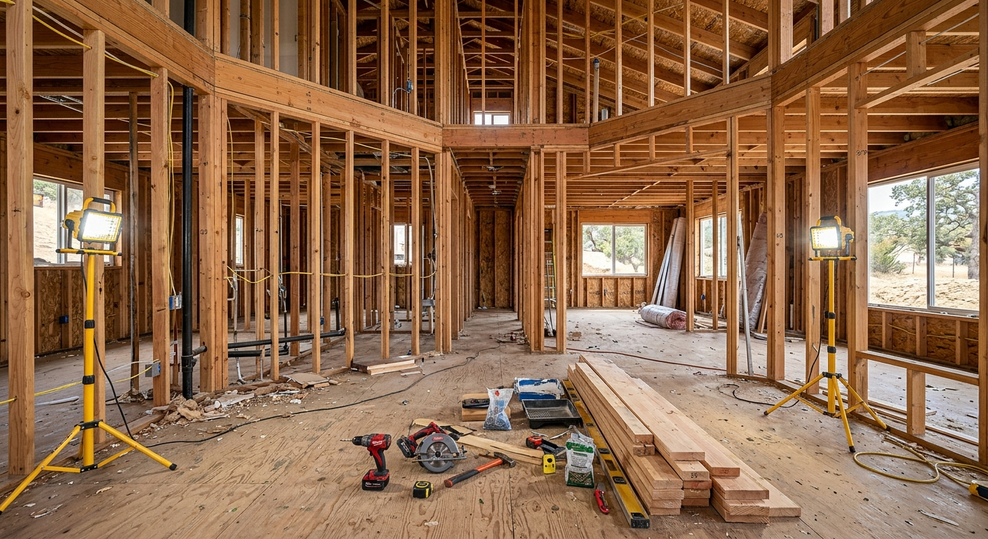 Fresno-area home under renovation with framing exposed, building materials staged in driveway, and a partly open roof