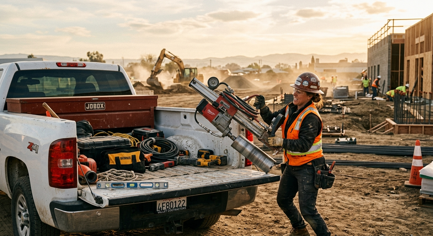 A contractor loading power tools and equipment into a work truck at a California job site on a sunny morning