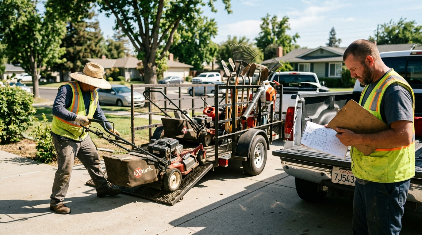 Landscaping crew loading mowers onto a trailer in a sunny California residential neighborhood