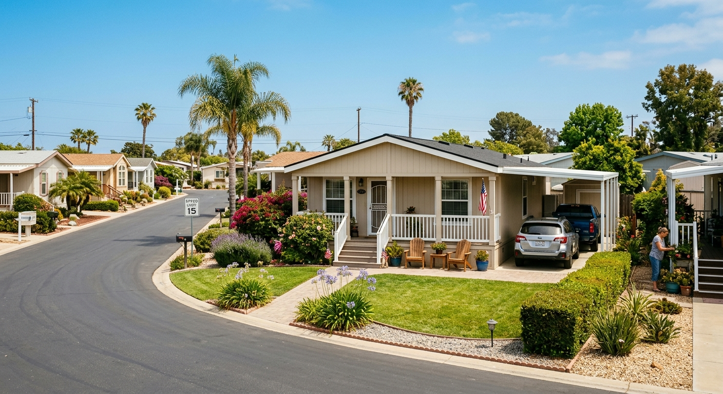 A well-maintained manufactured home on a landscaped lot in a California residential community on a clear day