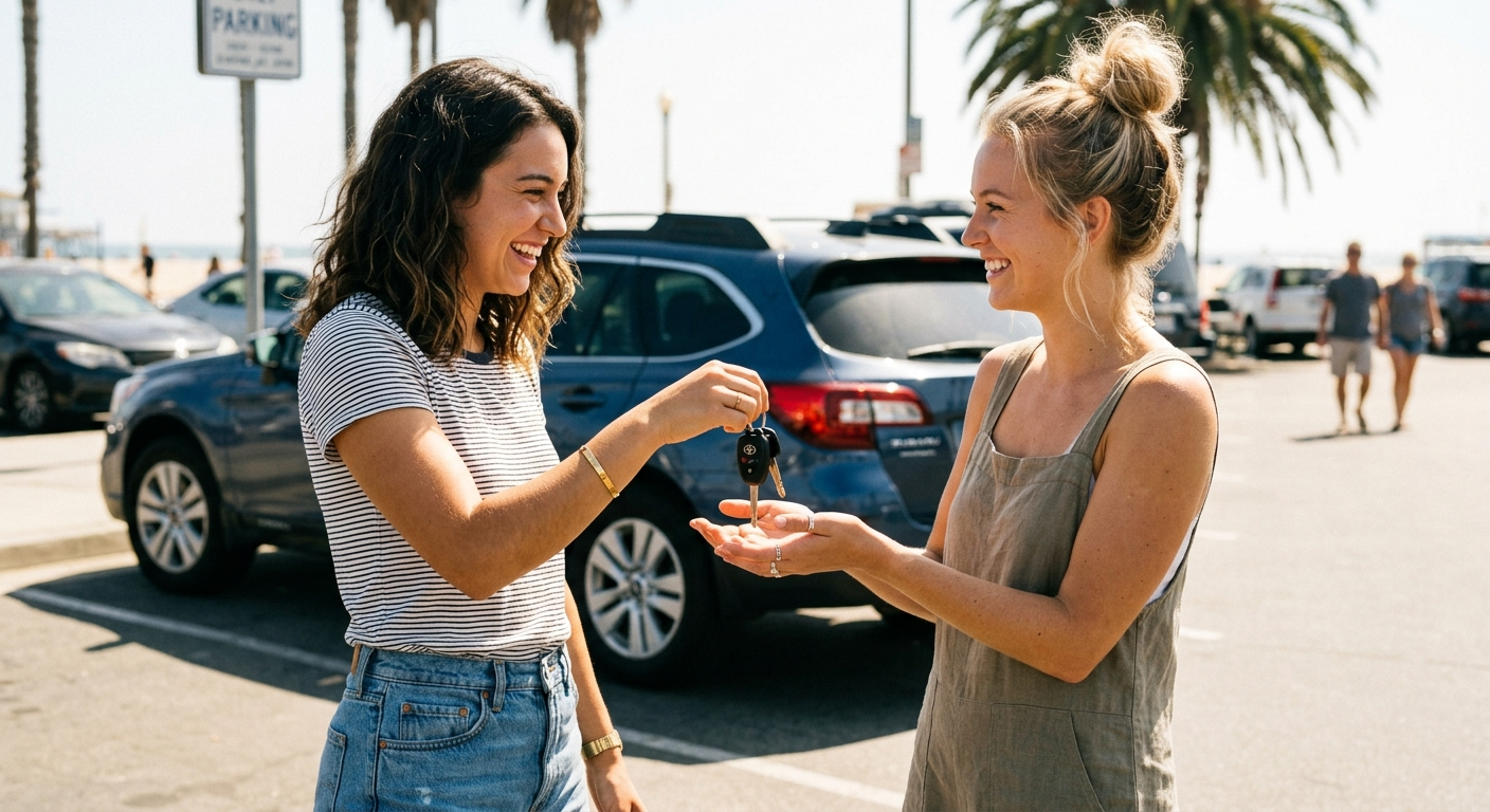 Licensed driver handing keys back to car owner in a Fresno parking lot on a sunny afternoon