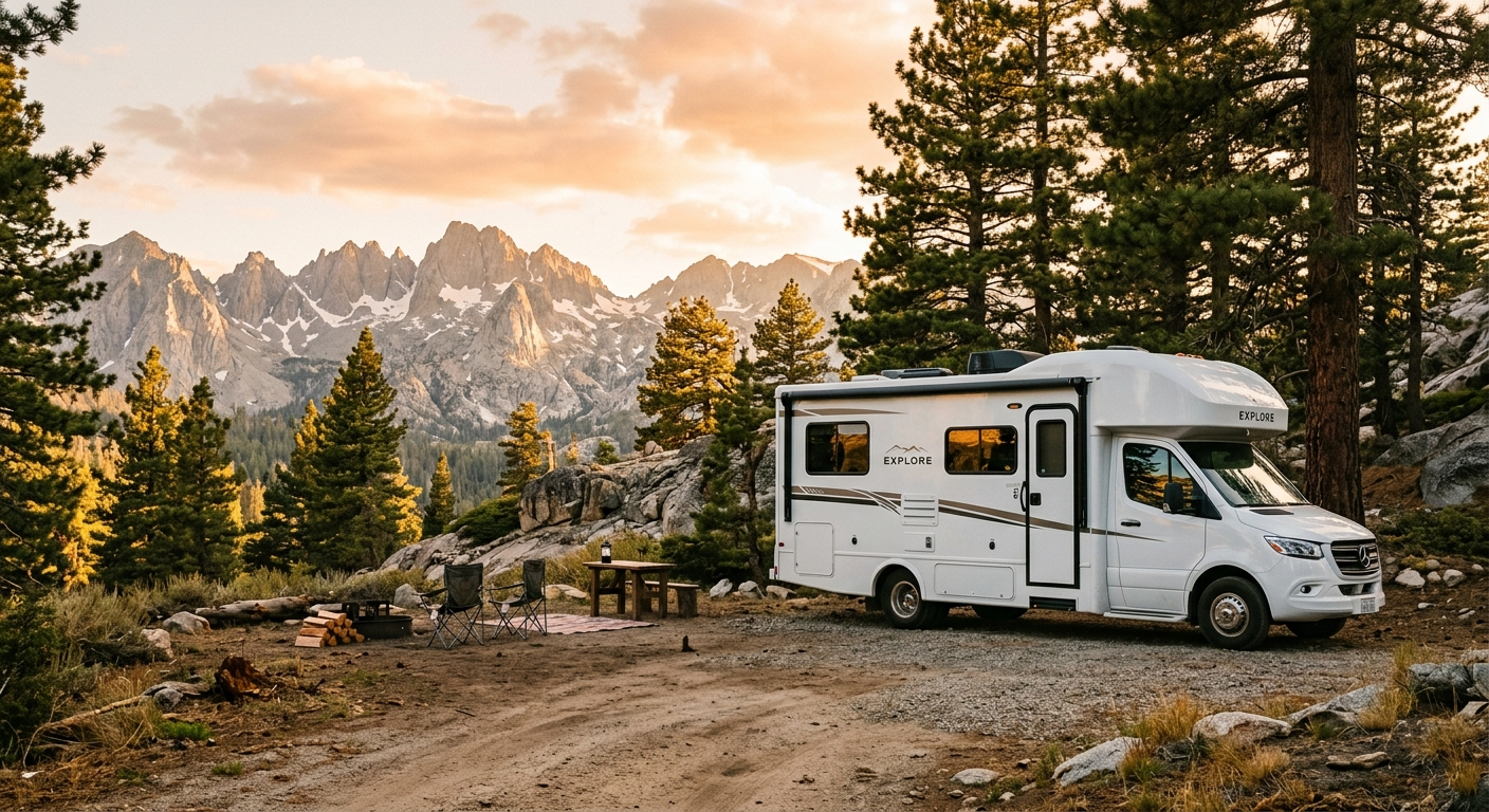 A Class A motorhome parked at a California campsite surrounded by pine trees with mountains in the background