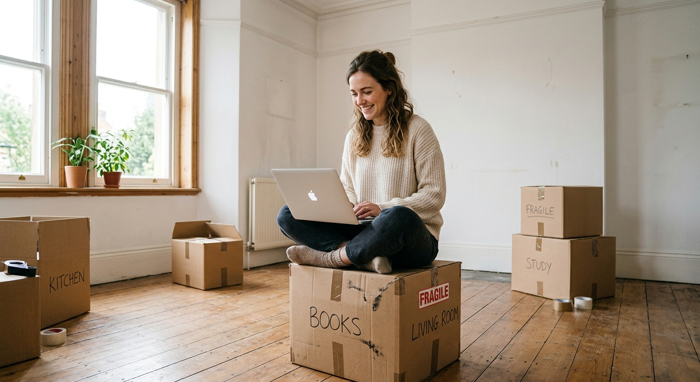 Person sitting at a kitchen table in a new apartment, reviewing an insurance document on a laptop