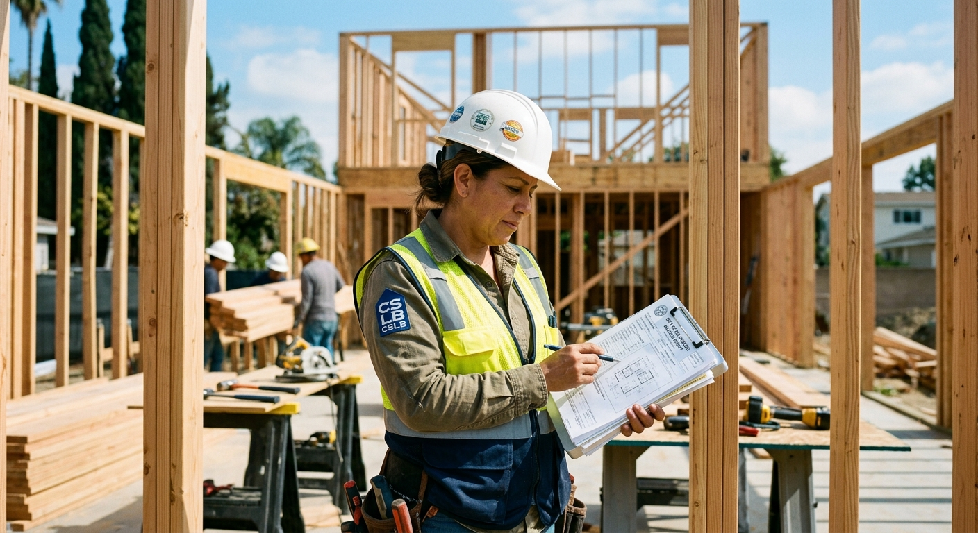 California contractor reviewing bond and insurance documents on a clipboard at a commercial construction job site in Fresno
