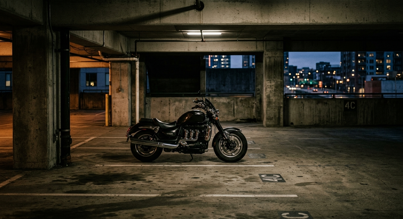 A motorcycle parked on a Fresno street at dusk with a chain lock securing the rear wheel to a metal post