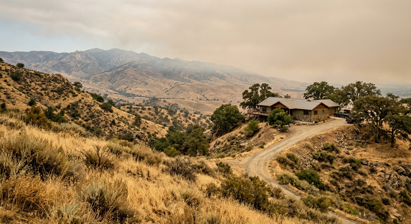 Dry hills above California's central valley with smoke rising from a distant wildfire under a hazy orange sky