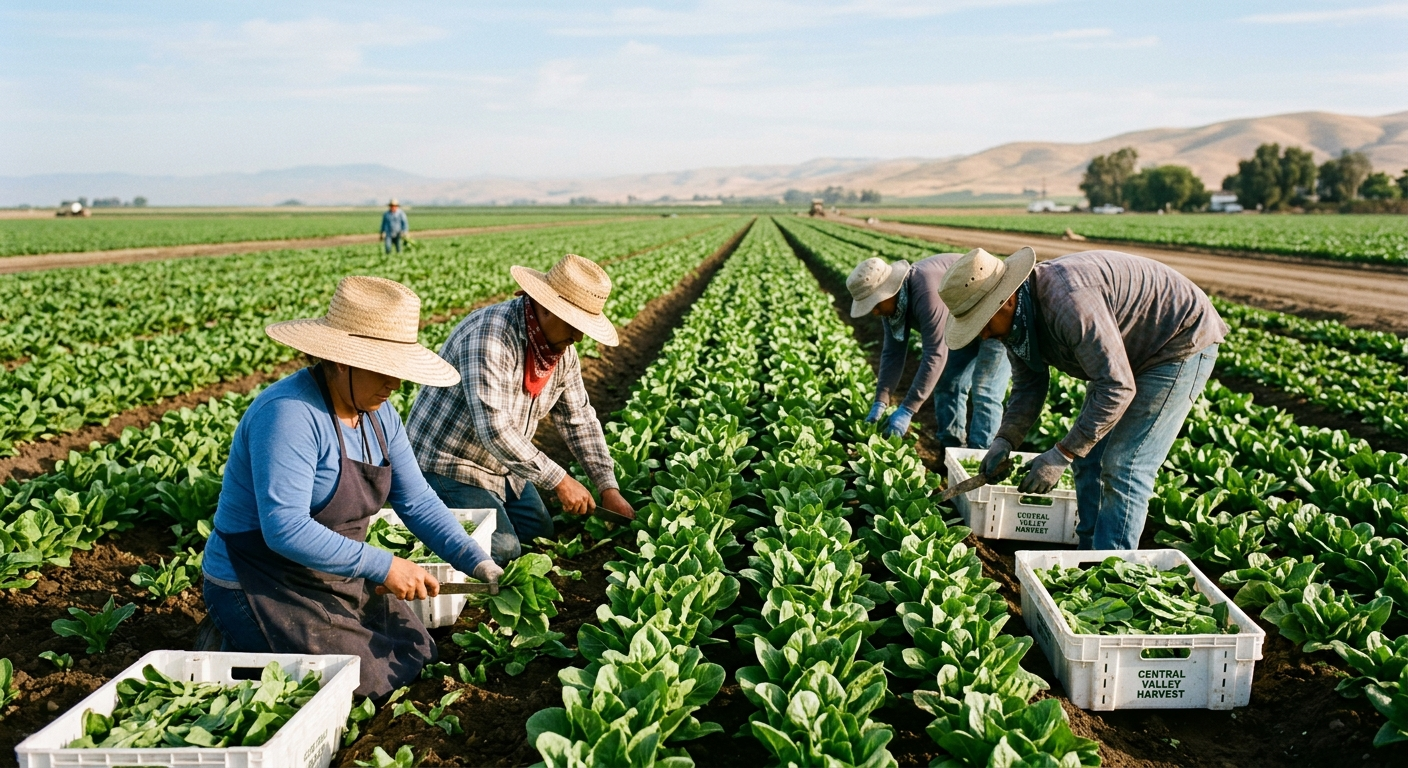 Farmworkers harvesting crops in a sun-drenched Central Valley field with irrigation rows and mountains in the background