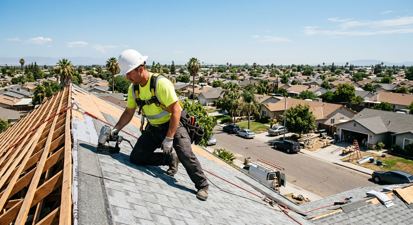 Construction workers in hard hats and safety vests reviewing blueprints on a Fresno job site under bright California sunlight