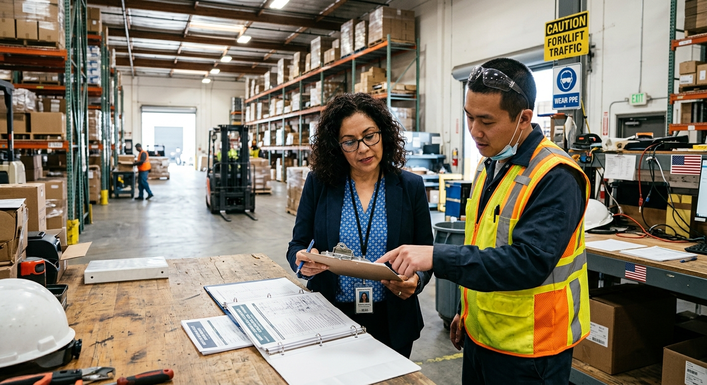 A California business owner reviewing workers' comp policy documents at a desk in a Central Valley office