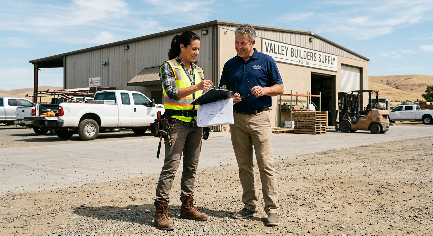 Construction workers reviewing blueprints on a job site in California's Central Valley