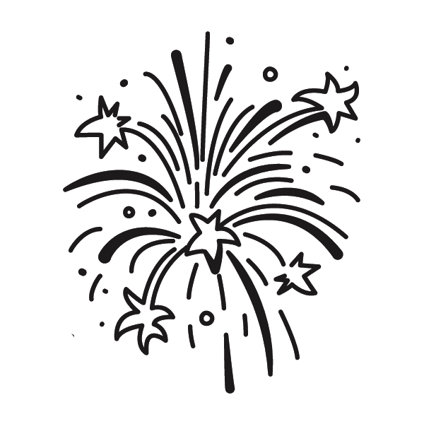Disegno in bianco e nero di fuochi d'artificio che esplodono nel cielo con le stelle.