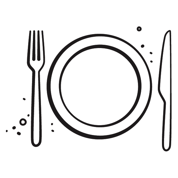 Forchetta, piatto e coltello per un pasto, con contorno nero.