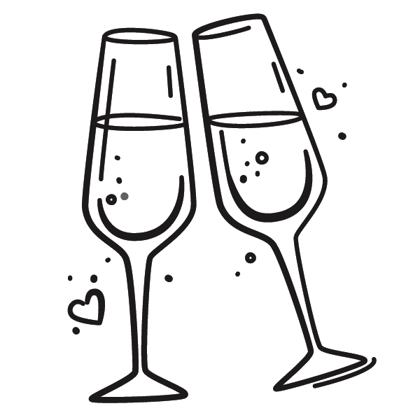 Due calici da champagne che brindano, con cuori e bollicine.