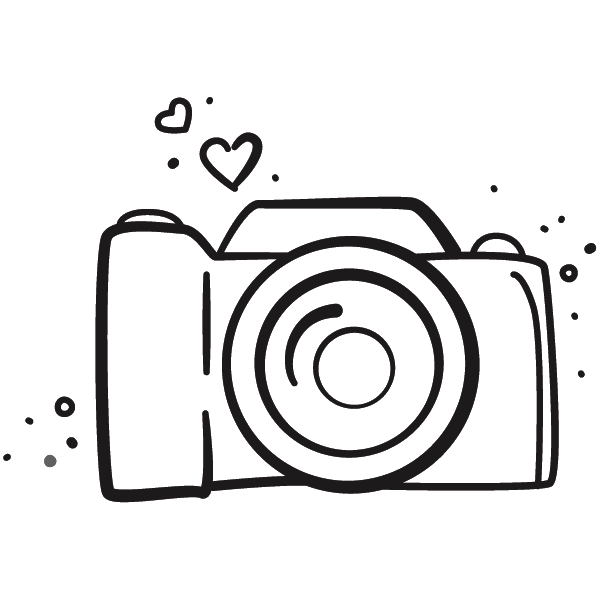 Disegno in bianco e nero di una macchina fotografica con due cuori e punti, che suggerisce la fotografia.