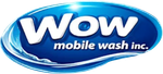 Logo of "WOW mobile wash inc." in white letters inside a blue, water-like shape.