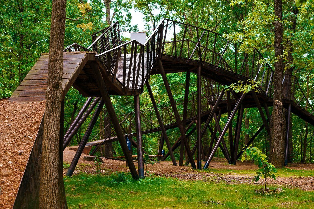 Wooden bicycle trail structure in a green forest setting.