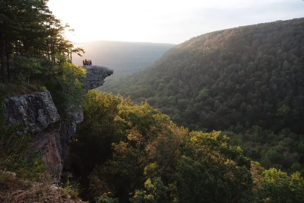 Cliffside view of forest valley at sunset; two figures on the ledge.