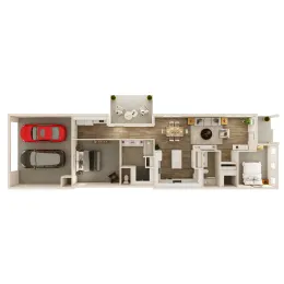 Floor plan of a house with a two-car garage, kitchen, dining area, living room, and bedroom.