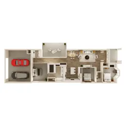 Floor plan of a home with a garage, living area, kitchen, and bedrooms.