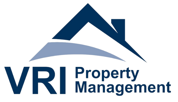 Logo of VRI Property Management: dark blue house roof over light blue arc, 