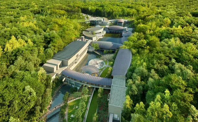 Aerial view of a modern building complex with interconnected structures, surrounded by lush green trees and water.