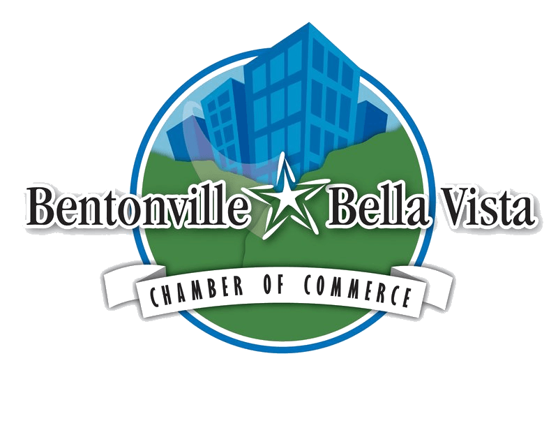 Bentonville Bella Vista Chamber of Commerce logo featuring a building scene within a star and circle, over a banner reading