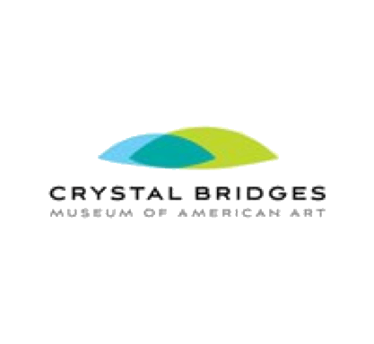 Crystal Bridges Museum logo: abstract layered shapes in blue, teal, and green above text.
