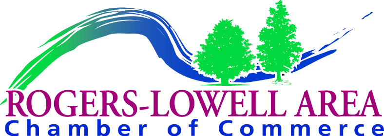Logo for Rogers-Lowell Area Chamber of Commerce: Swirl of color above green trees and text in purple and blue.