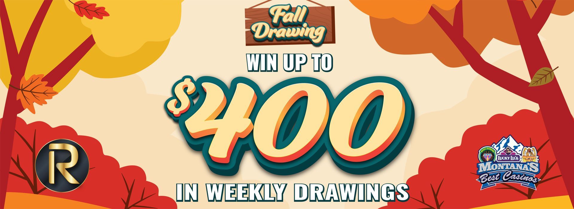Autumn-themed banner with “WIN UP TO $400 IN WEEKLY DRAWINGS” text on a cream background