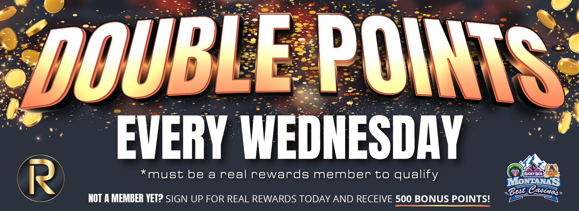 Double Points Every Wednesday promo with bold white text on a gold, purple, and navy background