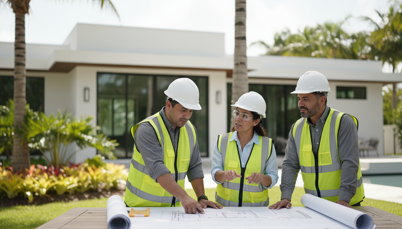 Three construction workers in hard hats and vests review blueprints in front of a modern house.