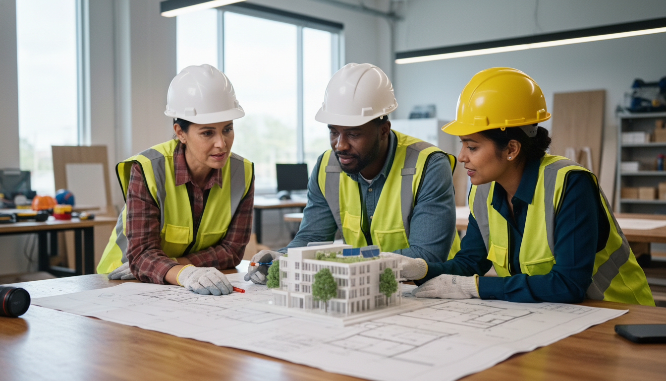 Three construction workers in hard hats and vests review building plans and a model.