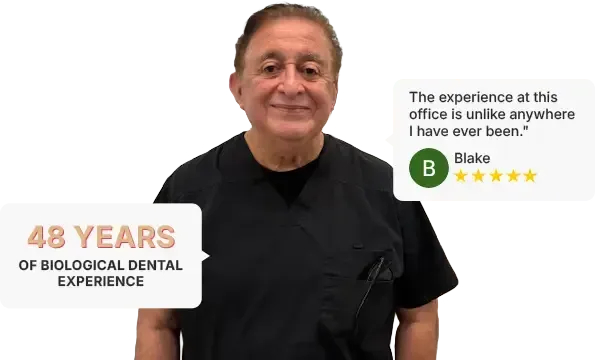 Man smiling in black shirt beside text: “48 years of biological dental experience” and a 5-star quote.