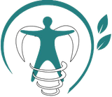 Teal human figure with outstretched arms inside a lightbulb outline and leaf accents