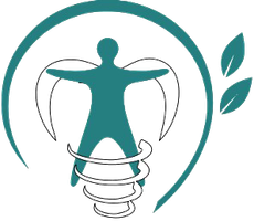 Teal human figure with outstretched arms inside a lightbulb outline, with leaves on the right