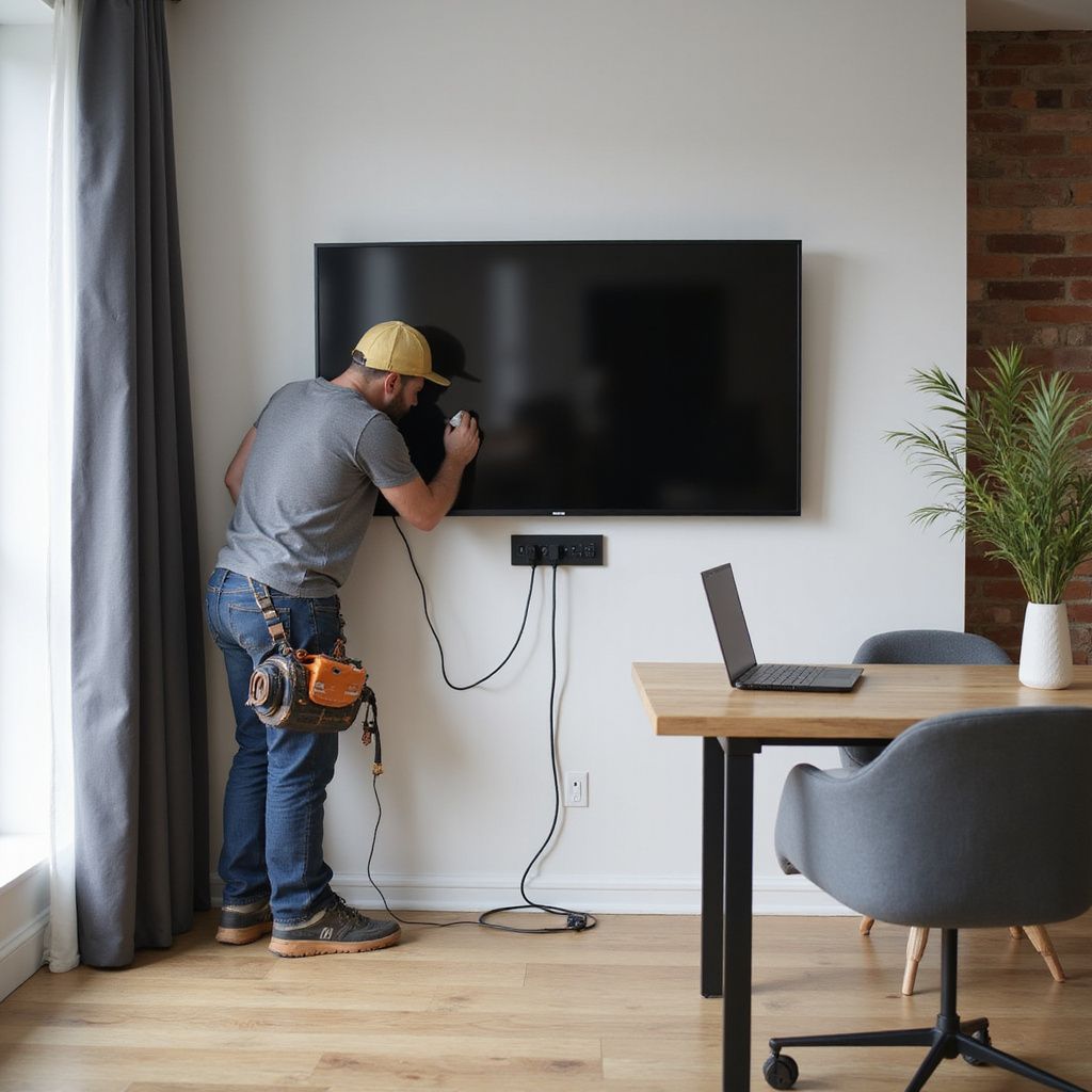 A person installs a TV on a white wall in a modern living space.