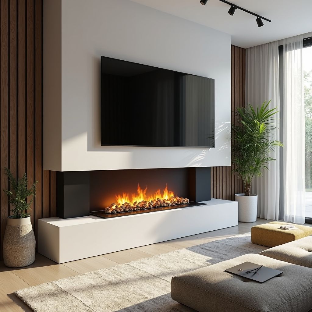 Modern living room with a fireplace, TV, and sectional sofa, with wood paneling and natural light.