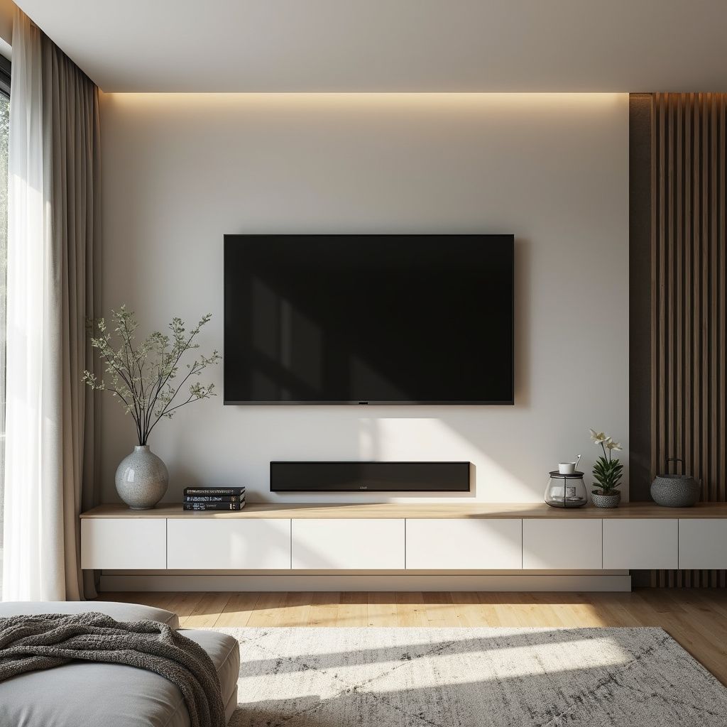 Modern living room with a mounted TV, soundbar, and floating storage.